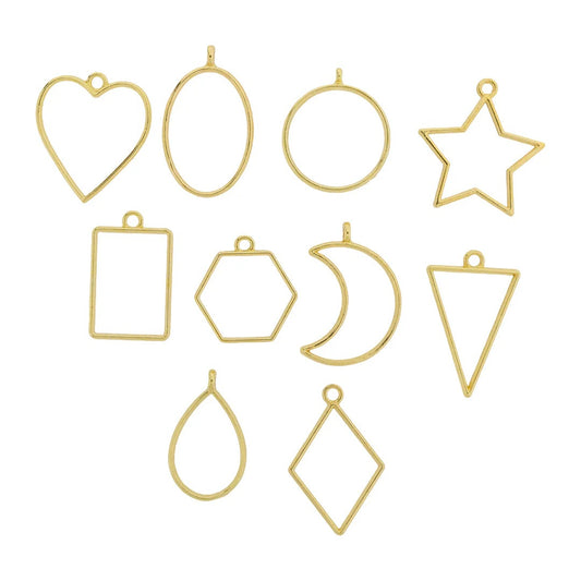 10 Pcs Assorted Open Metal Frame Pendants Bezels, Thick Hollow Pendant ( GOLD )