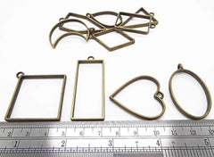 10 Pcs Assorted Open Metal Frame Pendants Bezels, Thick Hollow Pendant ( ANTIQUE )