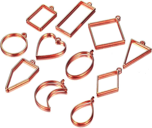 10 Pcs Assorted Open Metal Frame Pendants Bezels, Thick Hollow Pendant ( ROSE GOLD )
