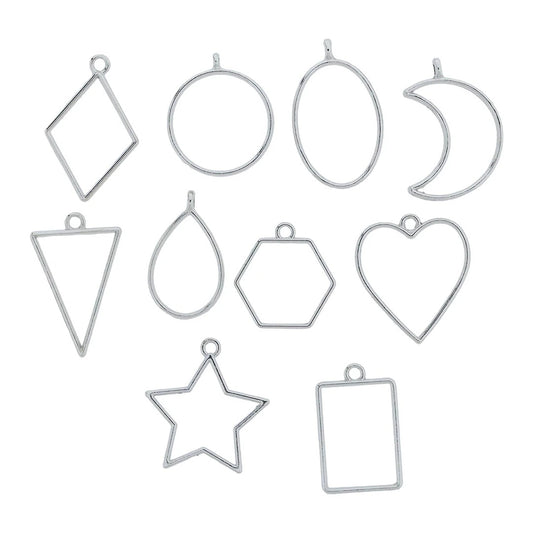 10 Pcs Assorted Open Metal Frame Pendants Bezels, Thick Hollow Pendant ( SILVER )