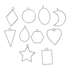 10 Pcs Assorted Open Metal Frame Pendants Bezels, Thick Hollow Pendant ( SILVER )