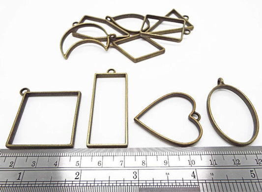 10 Pcs Assorted Open Metal Frame Pendants Bezels, Thick Hollow Pendant ( ANTIQUE  )